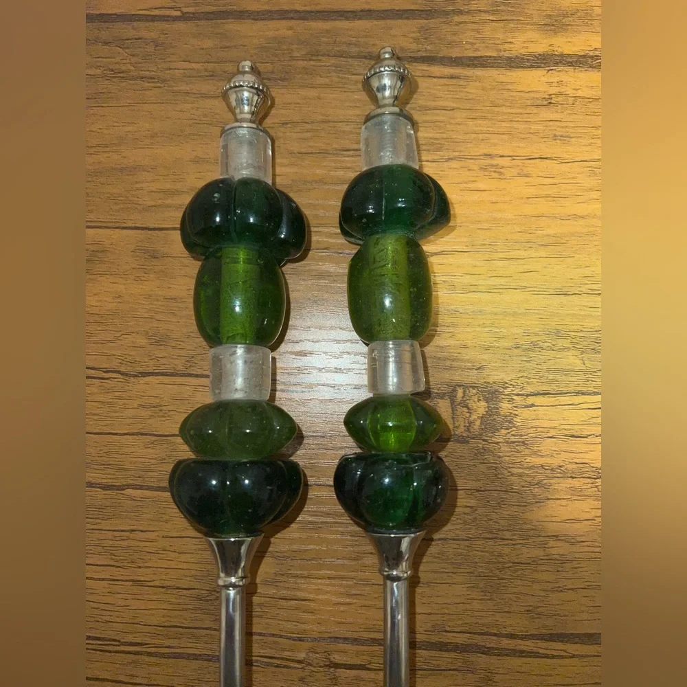 Vintage Pottery Barn Y2K Long Green Beaded Serving Spoon and Fork Set No Box